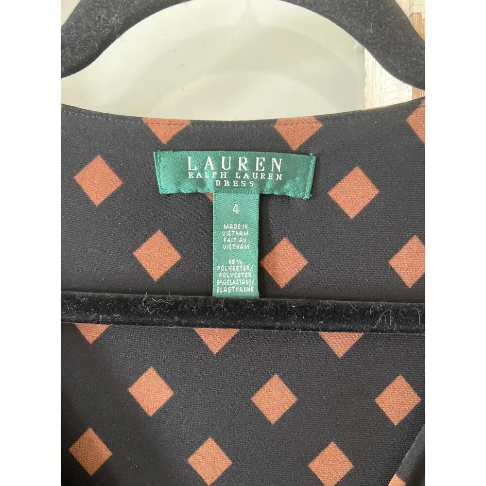 Black and tan polka-dot Lauren Ralph Lauren faux-wrap dress size 4 - Picture 2 of 3